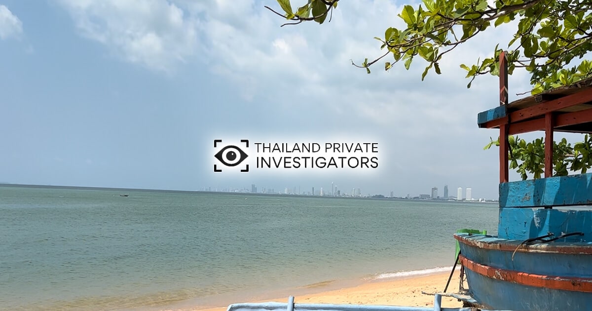 A beach near Pattaya Thailand with tall buildings in the distance, overlaid with the Thailand Private Investigators logo