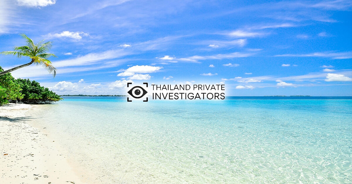 Tropical beach with the Thailand Private Investigators logo overlaid